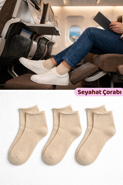 Erkek Bej Lastiksiz Seyahat Çorabı 3’lü Paket Dikişsiz/Premium/Pamuk/Kısa Yolculuk Çorabı