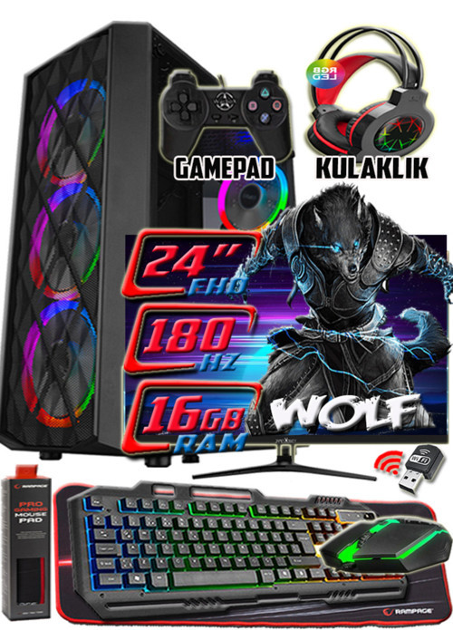 WOLF 24" 180hz Monitör Xeon X5650 16gb Ram 256gb Ssd 250gb Hdd R7 240-4gb E.kartı Gaming Takım Bilgisayar