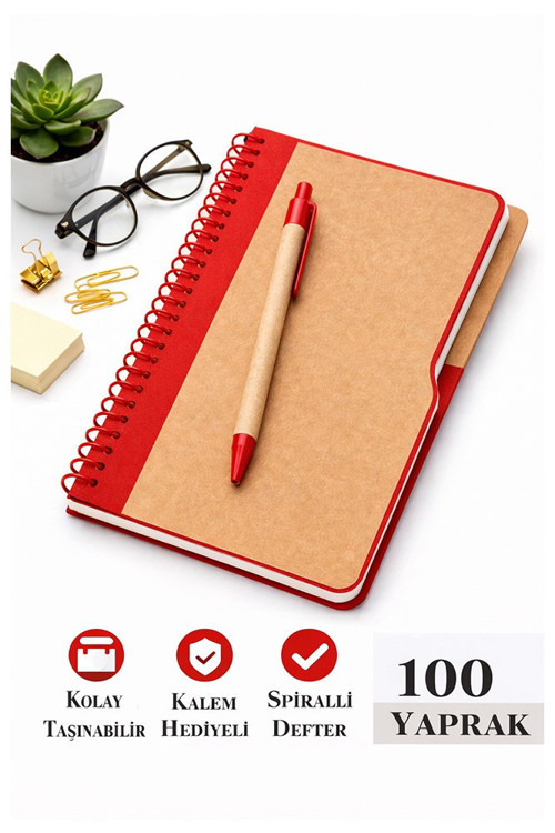 Kırmızı Sert Kapak Çizgili Defter 100 Yaprak 1 Adet Kalem Hediyeli Lastikli Defter Spiralli Günlük Kullanım Not Defteri