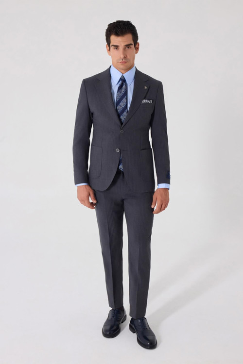 Erkek Gri Dar Kesim Slim Fit %100 Yün Mono Yaka Çizgili Çift Yırtmaçlı 6 Drop Takım Elbise