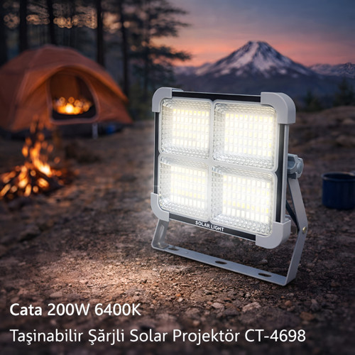 CT-4698 Taşınabilir Solar Projektör 200W IP65 Şarjlı LED Dış Mekan Lambası