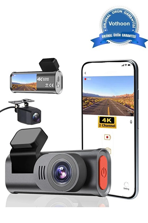 4K Wifi Çift Kameralı Araç Kamerası Gece Görüşlü G-Sensörlü Dash Cam 170 Derece