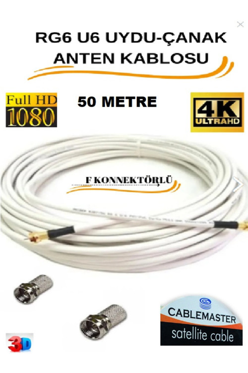 50 Metre Uydu Çanak Anten Kablosu Cm-101 48 Tel Rg6 U4 Bakır Alışımlı 2 Adet Connektör Dahil