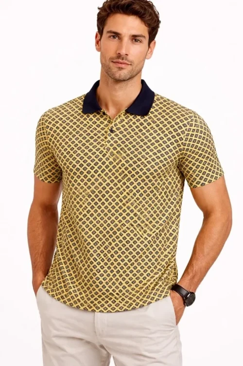 Erkek Pike Kumaş Polo Yaka Desenli Tişört Kısa Kol Yazlık T-Shirt - Sarı