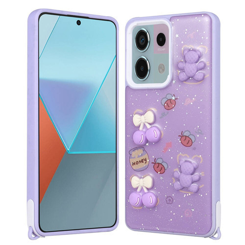 Redmi Note 13 Pro 5G Kılıf Parlayan Sıvılı Simli Kabartma Figürlü MKST Cevze Kapak-Mor Ayı
