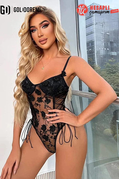 Premium Kadın Korse Detaylı Transparan Detaylı Çiçekli Fantazi Babydoll
