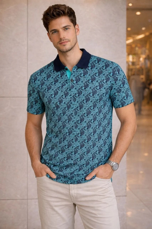 Erkek Pike Kumaş Polo Yaka Palmiye Desenli Tişört Kısa Kol Yazlık T-Shirt - Turkuaz