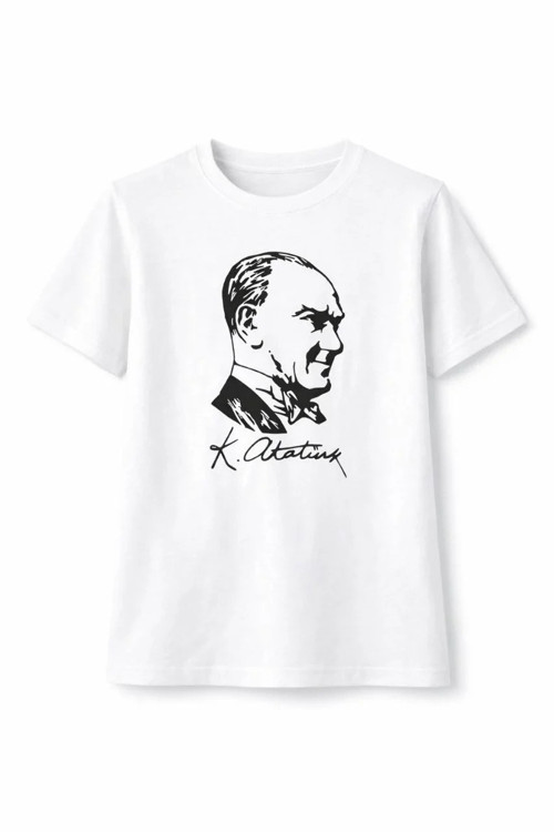 Erkek Çocuk Atatürk Baskılı Tişört Kısa Kollu Bisiklet Yaka T-Shirt - Beyaz