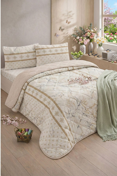 Kapitoneli Çift Kişilik Desenli Pike - Yatak Örtüsü Takımı 200X230 Cm - 2 Adet Yastık Kılıflı
