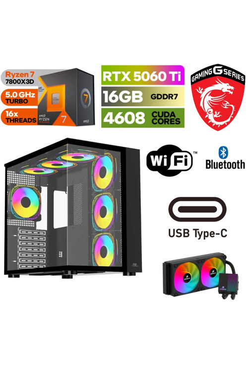 Gamingddr5-Rtx5060Ti 16 Gb-Ryzen 7 7800X3D-32Gb Ddr5 Ram- 1 Tb M.2 Ssd-Windows 11 Pro-Sıvı Sogutmalı
