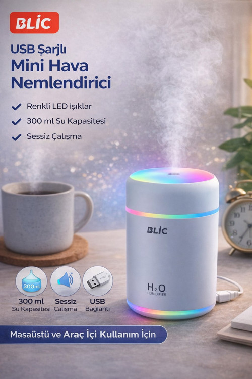 Büro Ev Ofis Hediyesi için 300ML Şarjlı Renkli Işıklı Mini Hava Nemlendirici