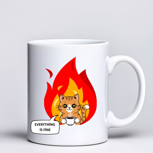 Büro Ev Ofis Hediyesi için Kedili Everything Is Fine Baskılı Kupa Bardak