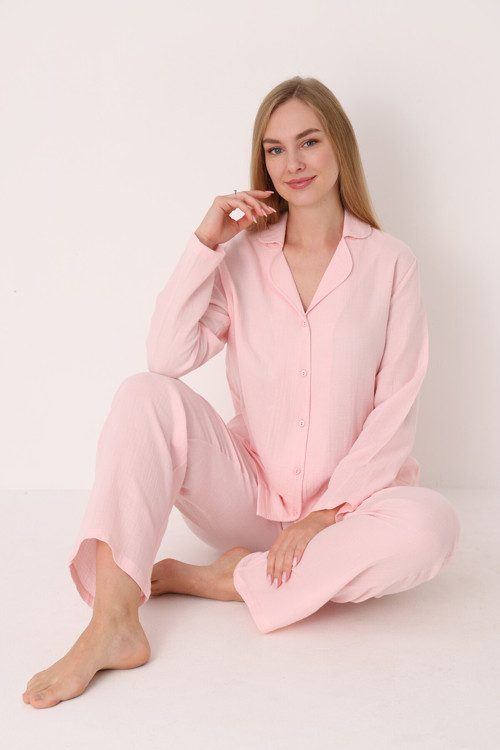 Pembe Straight Önden Düğmeli Pijama Takım