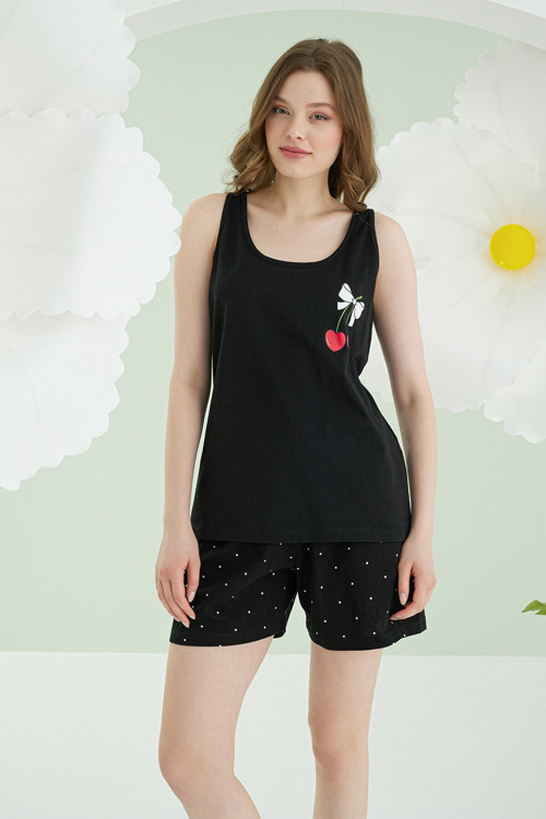 Siyah Bow Şortlu Pijama Takımı