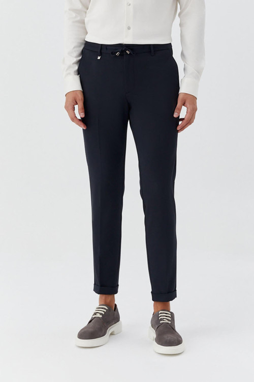 Erkek Lacivert Dar Kesim Slim Fit Dokuma Yan Cep Jogger Pantolon