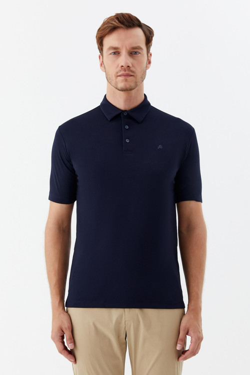 Erkek Lacivert Dar Kesim Slim Fit Pamuklu Dokuma Düğmeli Polo Yaka Tişört