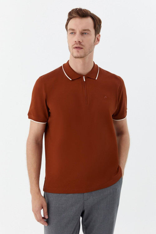 Fermuarlı Polo Yakak Pike Erkek T-Shirt Kahve