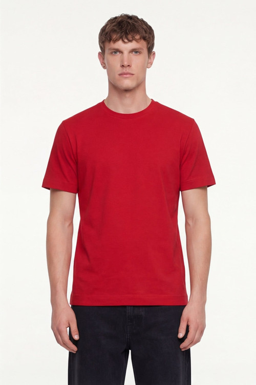 Erkek Kırmızı Normal Kesim Regular Fit %100 Pamuk Dokuma Bisiklet Yaka Basic T-Shirt