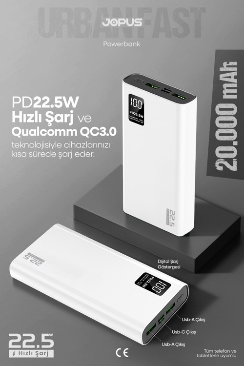 20000mAh PowerBank PD 22.5W Hızlı Şarj - Dijital Ekranlı - Taşınabilir Şarj Cihazı - Beyaz JP-P12