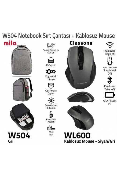 Mila W504 Nonebook Sırt Çantası Gri +WL600 Kablosuz Mouse