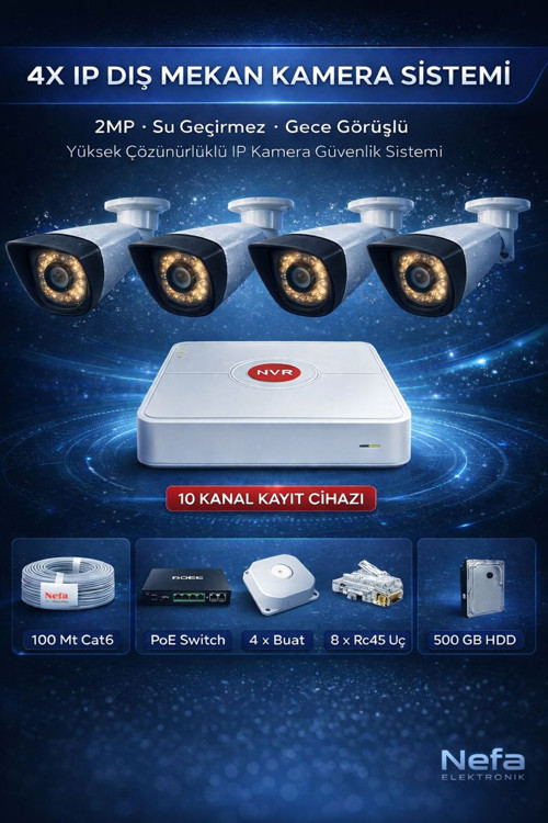 4 x 2MP IP Bullet Güvenlik Kamerası | 10 Kanal Kayıt Cihazı | Gece Görüşlü | Dış Mekan