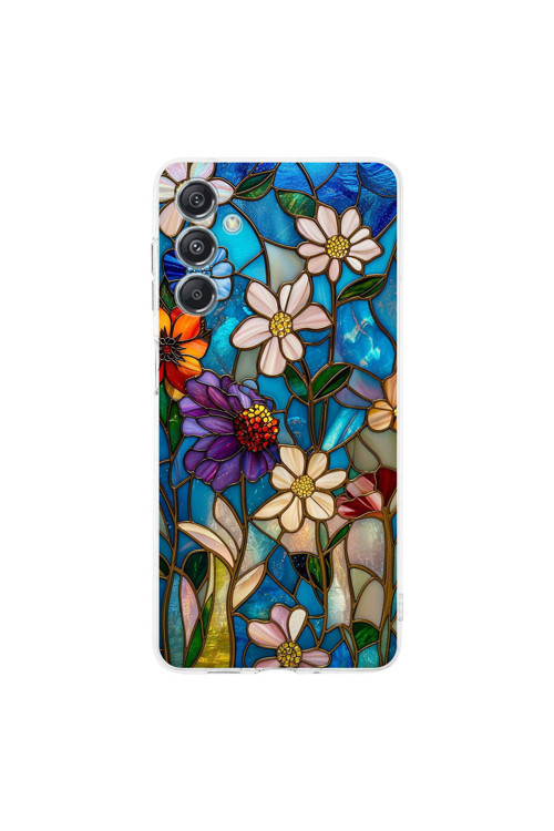 Samsung Galaxy M35 İle Uyumlu Vitray Mavi Bahar Tasarımlı Şeffaf Silikon Kılıf