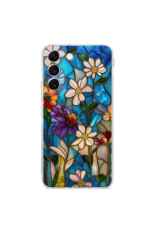 Samsung Galaxy S22 İle Uyumlu Vitray Mavi Bahar Tasarımlı Şeffaf Silikon Kılıf