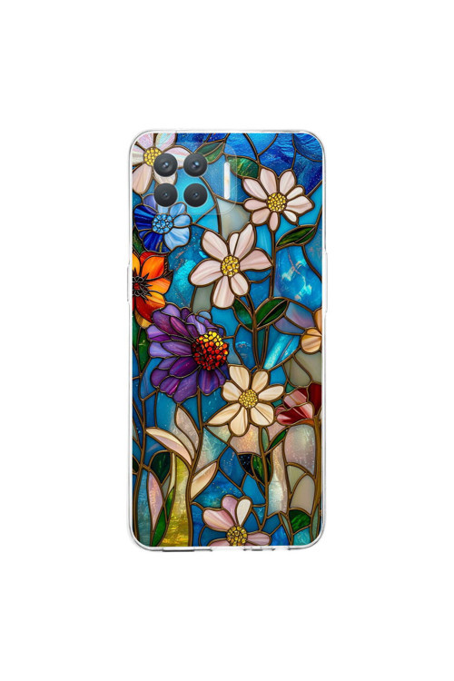 Oppo Reno 4 Lite İle Uyumlu Vitray Mavi Bahar Tasarımlı Şeffaf Silikon Kılıf