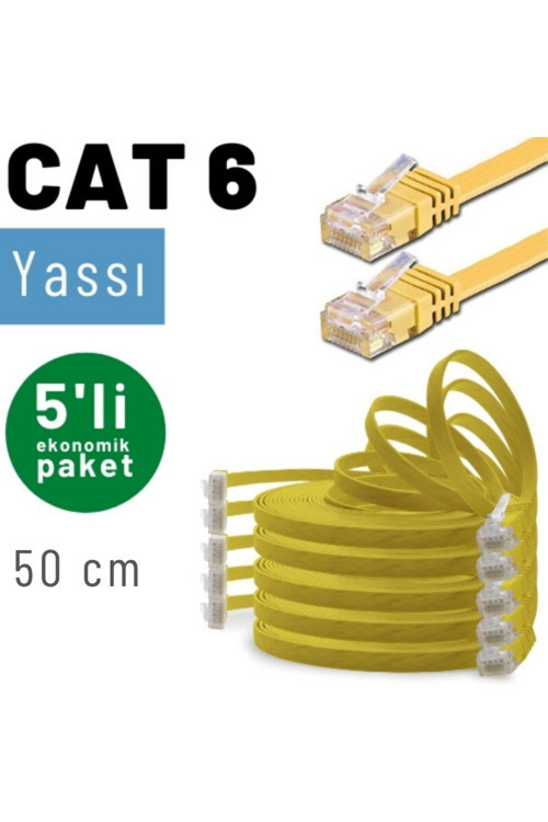 5 Adet 50 Cm Cat6 Kablo Yassı Ethernet Network Lan Ağ İnternet Kablosu