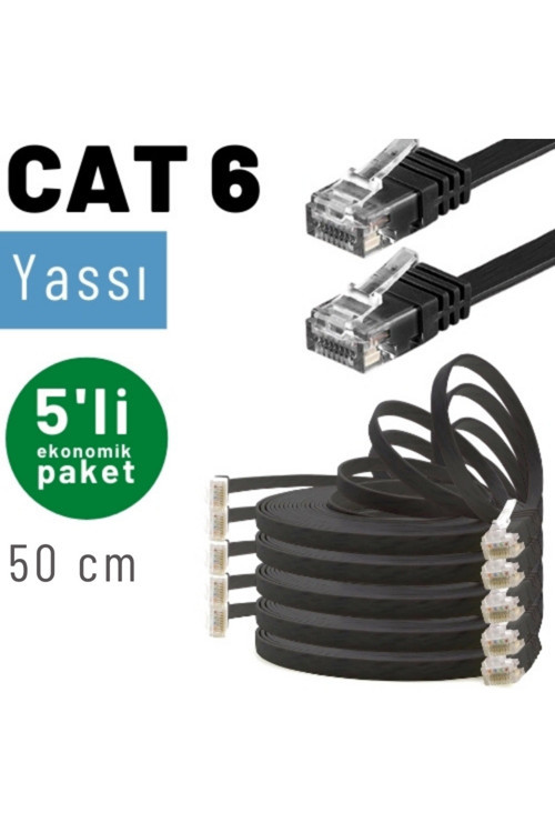 5 Adet 50 Cm Cat6 Kablo Yassı Ethernet Network Lan Ağ İnternet Kablosu