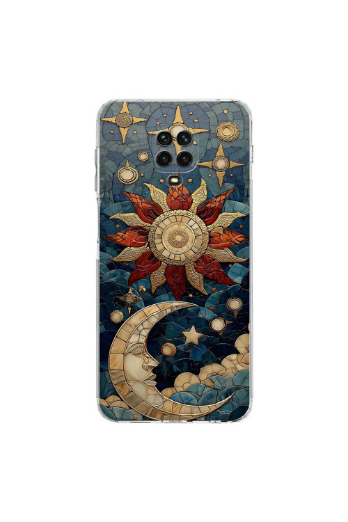 Redmi Note 9s ile Uyumlu Vitray Sol ve Luna Tasarımlı Şeffaf Silikon Kılıf