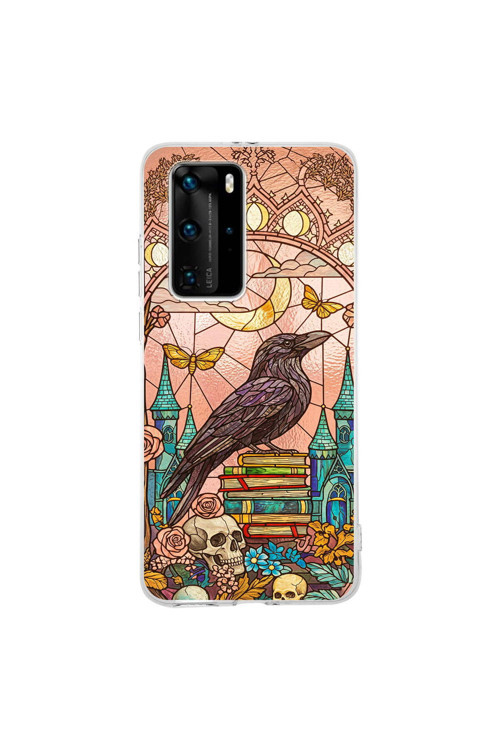 Huawei P40 Pro İle Uyumlu Vitray Bilge Kuzgun Tasarımlı Şeffaf Silikon Kılıf