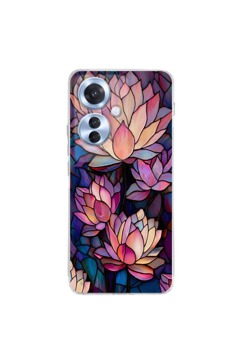 Oppo Reno 11F İle Uyumlu Vitray Sessiz Lotus Tasarımlı Şeffaf Silikon Kılıf