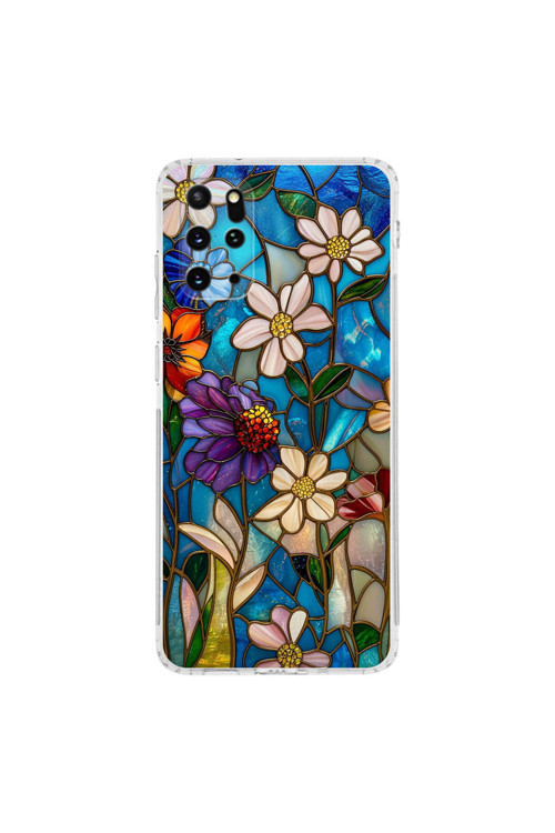 Samsung Galaxy S20 Plus İle Uyumlu Vitray Mavi Bahar Tasarımlı Şeffaf Silikon Kılıf