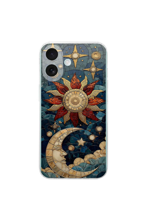 iPhone 16 ile Uyumlu Vitray Sol ve Luna Tasarımlı Şeffaf Silikon Kılıf