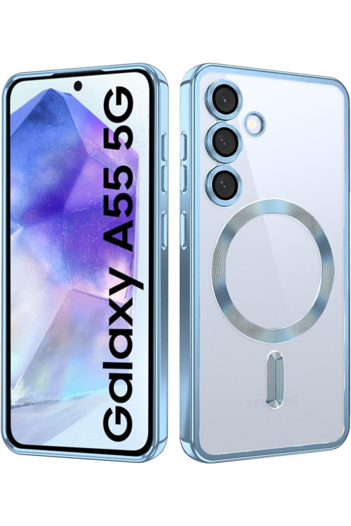 Samsung Galaxy A55 Kılıf Kamera Lens Korumalı Renkli Magsafe Şeffaf Silikon Mavi