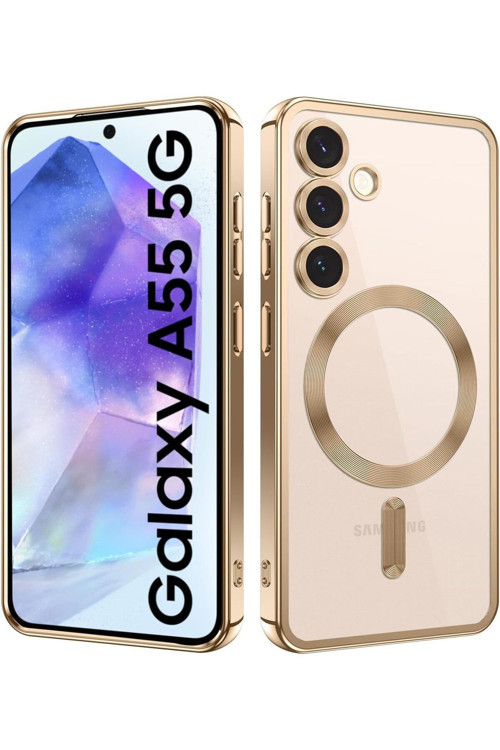 Samsung Galaxy A55 Kılıf Kamera Lens Korumalı Renkli Magsafe Şeffaf Silikon Gold