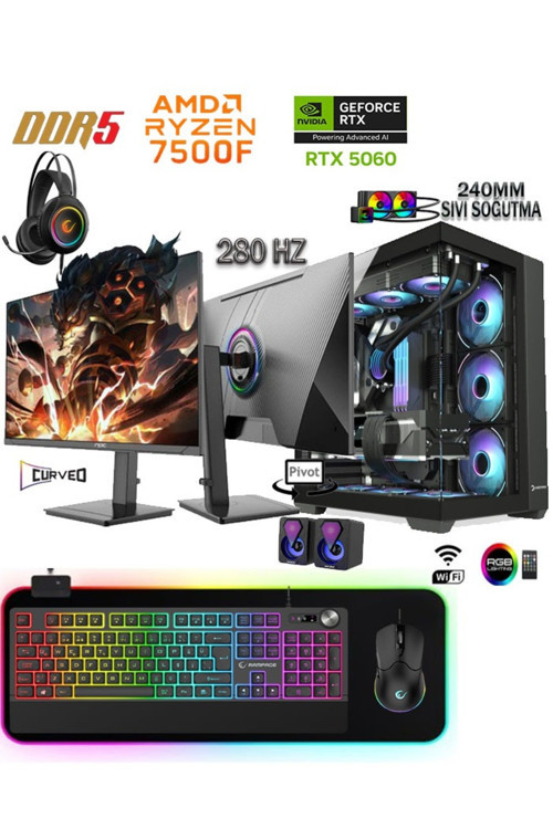 PRİME 57X Ryzen 5 7500F 16GB DDR5 1TB M2 Nvme SSD RTX5060 27'' 280Hz Sıvı Soğutma Oyuncu Bilgisayarı