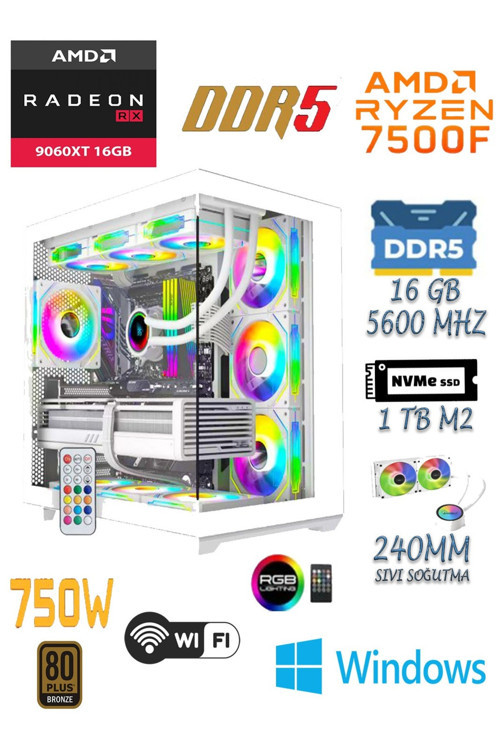 PRİME 95W Ryzen 5 7500F | 16GB DDR5 | 1TB M2 SSD | RX9060XT 16GB Beyaz Masaüstü Oyuncu Bilgisayarı