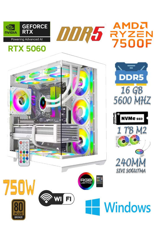 PRİME 75W Ryzen 5 7500F | 16GB DDR5 | 1TB M2 SSD | RTX5060 Beyaz Sıvı Sğt Masaüstü Oyuncu Bilgisayar