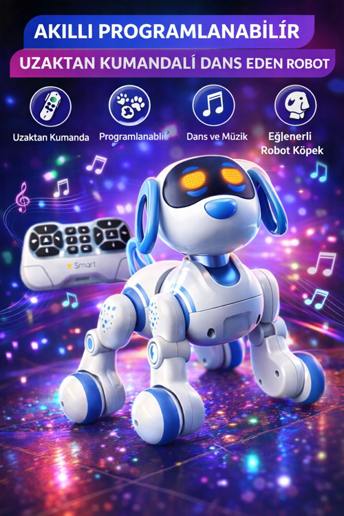 Akıllı Programlanabilir Uzaktan Kumandalı Dans Eden Robot Köpek LED Işıklı, Müzikli, İnteraktif Oyuncak