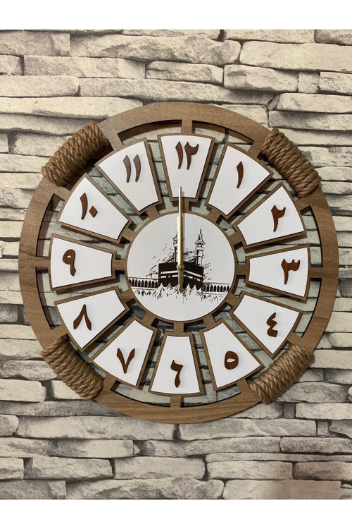Lavintadesign El İşlemeli Ahşap Duvar Saati, İsim ve Arapça Rakamlı, 40 cm Kahverengi