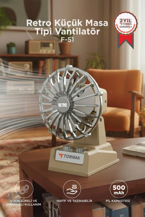 Şarjlı Masaüstü Vantilatör Retro Tasarım 500 Mah Taşınabilir Mini Masa Fanı F51 Bej
