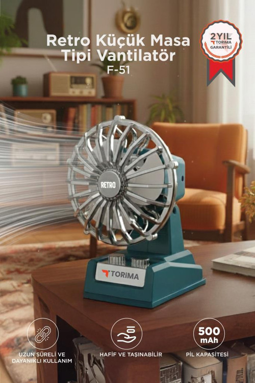 Şarjlı Masaüstü Vantilatör Retro Tasarım 500 Mah Taşınabilir Mini Masa Fanı F51 Mavi