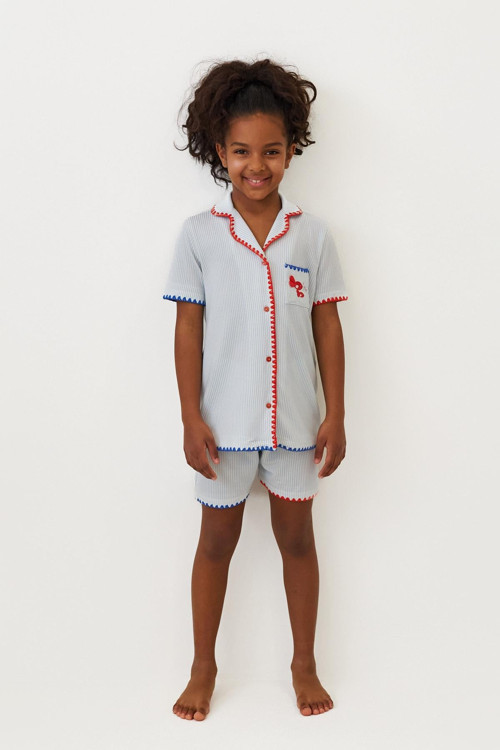 Kız Çocuk Frill Wave Balık Desenli Cepli Şortlu Pijama Takımı