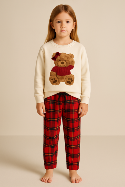 Kız Çocuk Teddy Sweatshirt Pijama Üstü Ekru