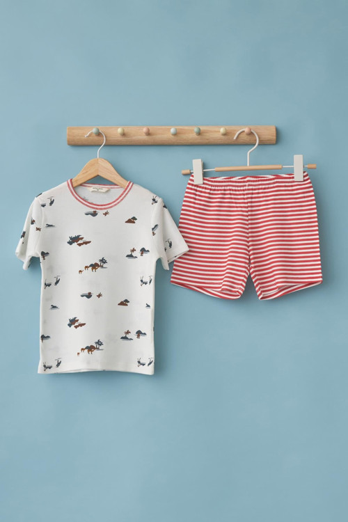 Çocuk Ekru Renkli Safari Desenli Pijama Takımı