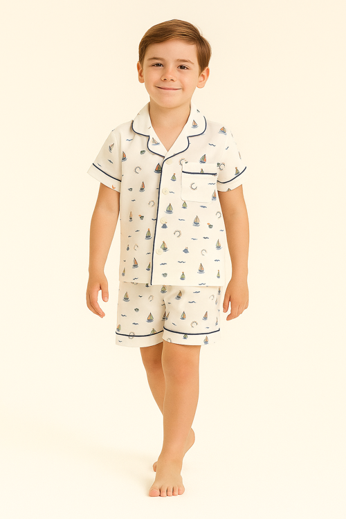 Çocuk Seageo Yelken Desenli Düğmeli Şortlu Pijama Takımı Ekru