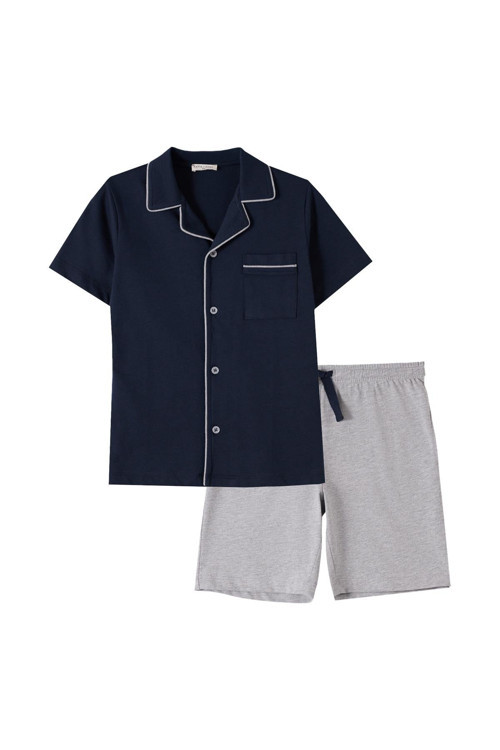 Erkek Lacivert Renkli Düğmeli Şortlu Pijama Takımı
