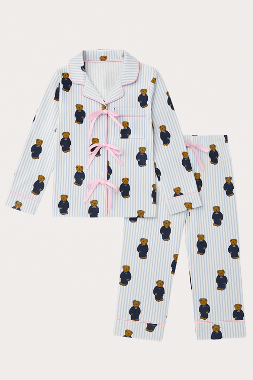 Kadın Teddy Desenli Cepli Pijama Takımı Mavi